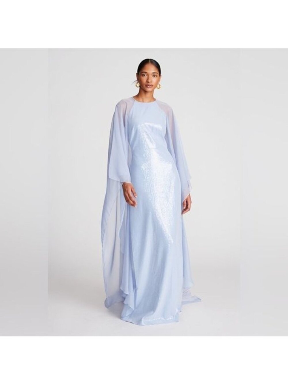 Halston Adira Womens Sequined Chiffon Gown Size 4 Light Blue Cape-effect Formal